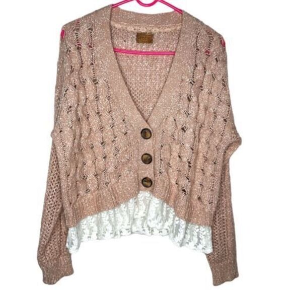 POL Anthropologie Sweater Medium Women’s‎ v-neck Cardigan 3Button Cable Lace Hem - Picture 1 of 9